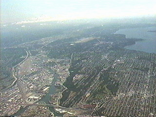 Flying over Puget Sound south from Seattle Washington