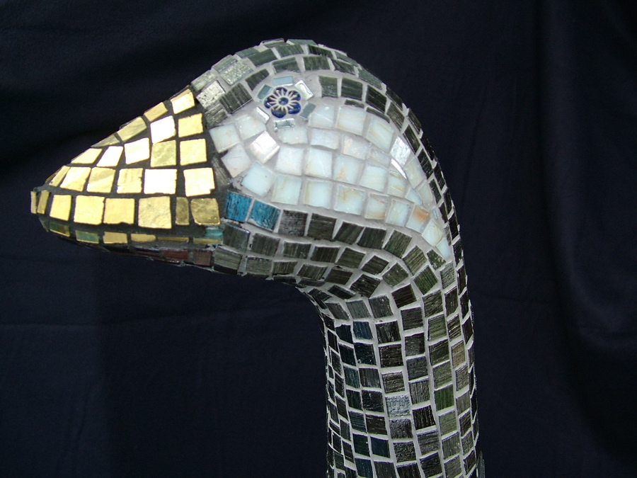 Mosaic goose head using Italian glass tile and gold smalti.