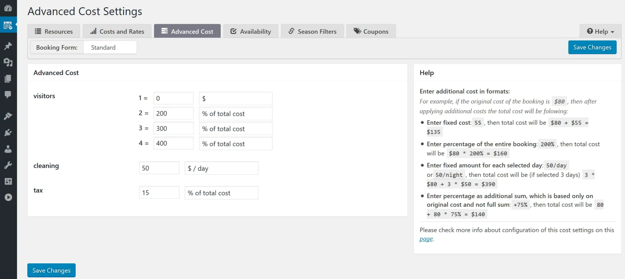 Advanced Cost Setting