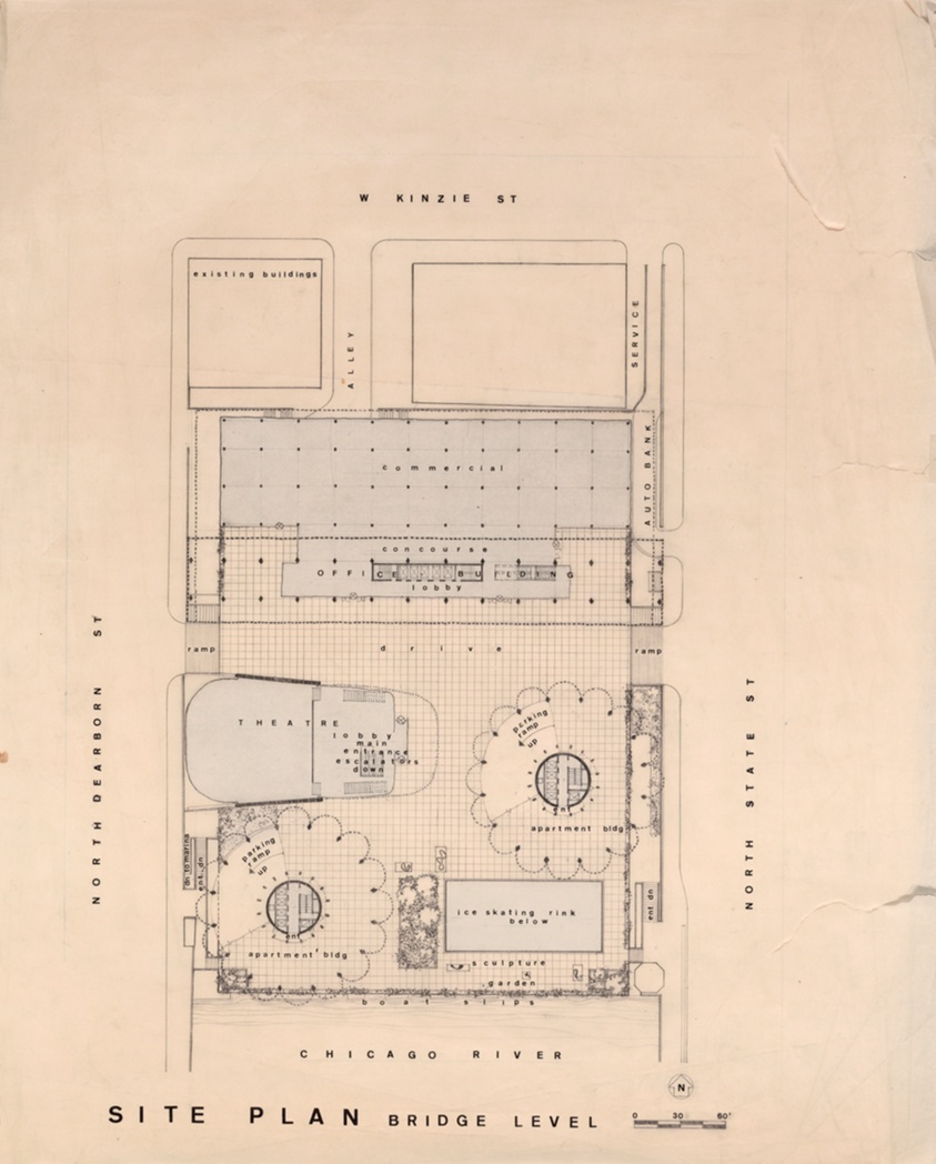 Marina City, Chicago, Illinois, Bridge Level Site Plan (1961-62) // Bertrand Goldberg American, 1913-1997