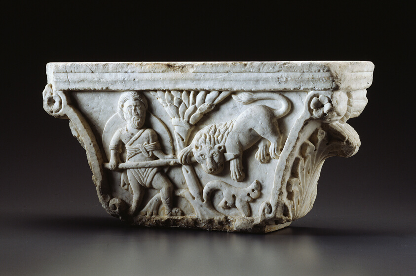 Capital with Man Fighting Lion (A) and Riding Griffin (B) (c. 1180) // Italian, Lombardy or Tuscany?