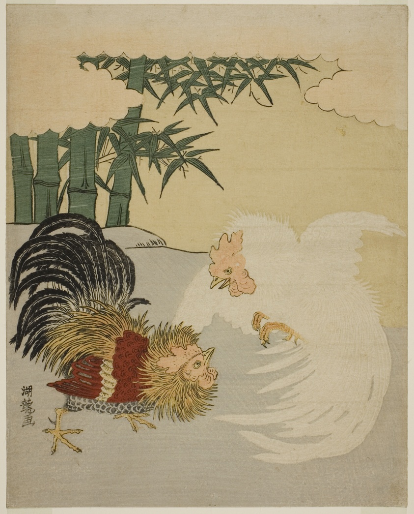 Cocks Fighting near Bamboo Grove (c. 1770s) // Isoda Koryusai Japanese, 1735-1790