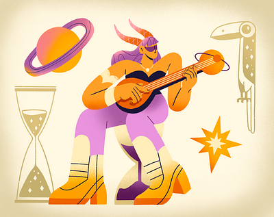 Internal flights ✨🪐✨ astrology bold boots capricorn character character design concert design funky girl guitar horns illustration magic music photoshop procreate saturn star texture