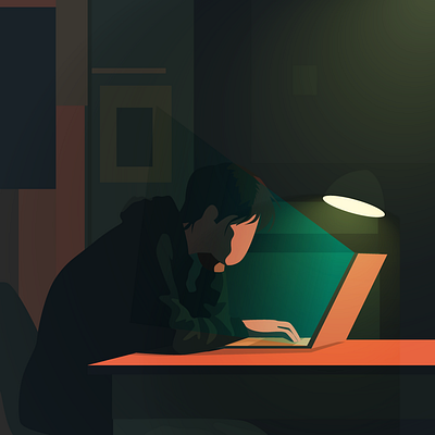 Depressed young man staring at laptop in dimly lit room. anxiety art boy computer dark room depressed designer illustration sadness young man