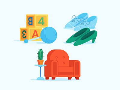 Illustration - Good Use Item Illustrations designer furniture illustration illustration agency illustration studio illustrator items mobile app mobile app illustration objects shoes toys vector illustration