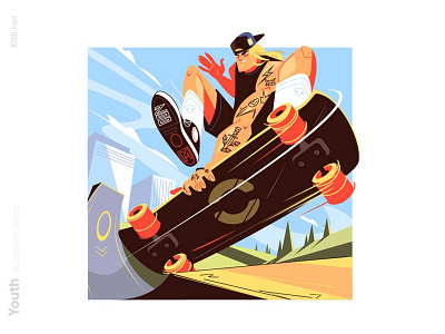 Young skater boy on board illustration board character cool flat illustration kit8 man skater vector young