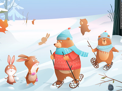 Winter Animals Scene, work in progress. adobe illustrator animals bear cartoon character children christmas design forest illustration kids rabbot scene vector winter