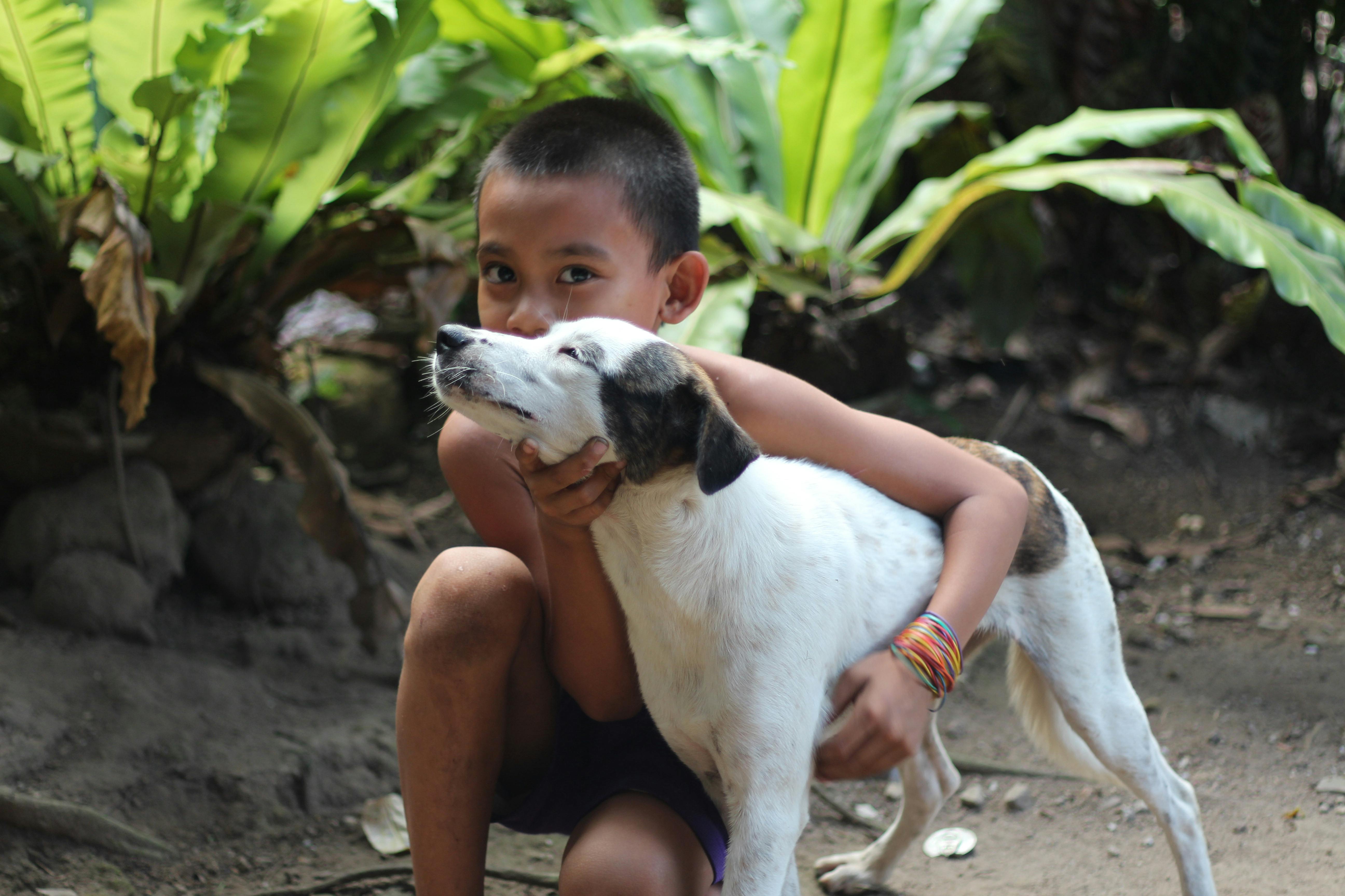 photograph of a kid holding a dog