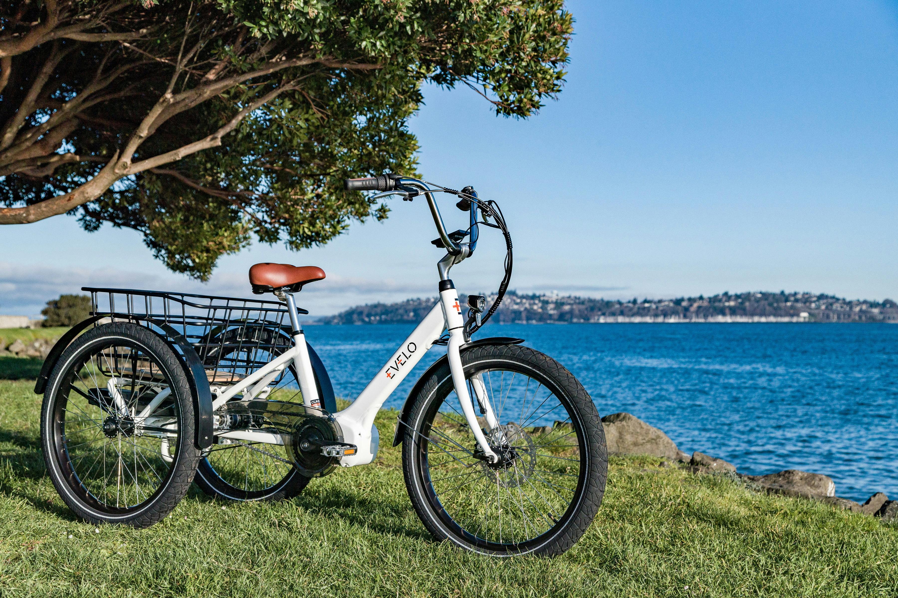 a white bicycle with a basket on the back