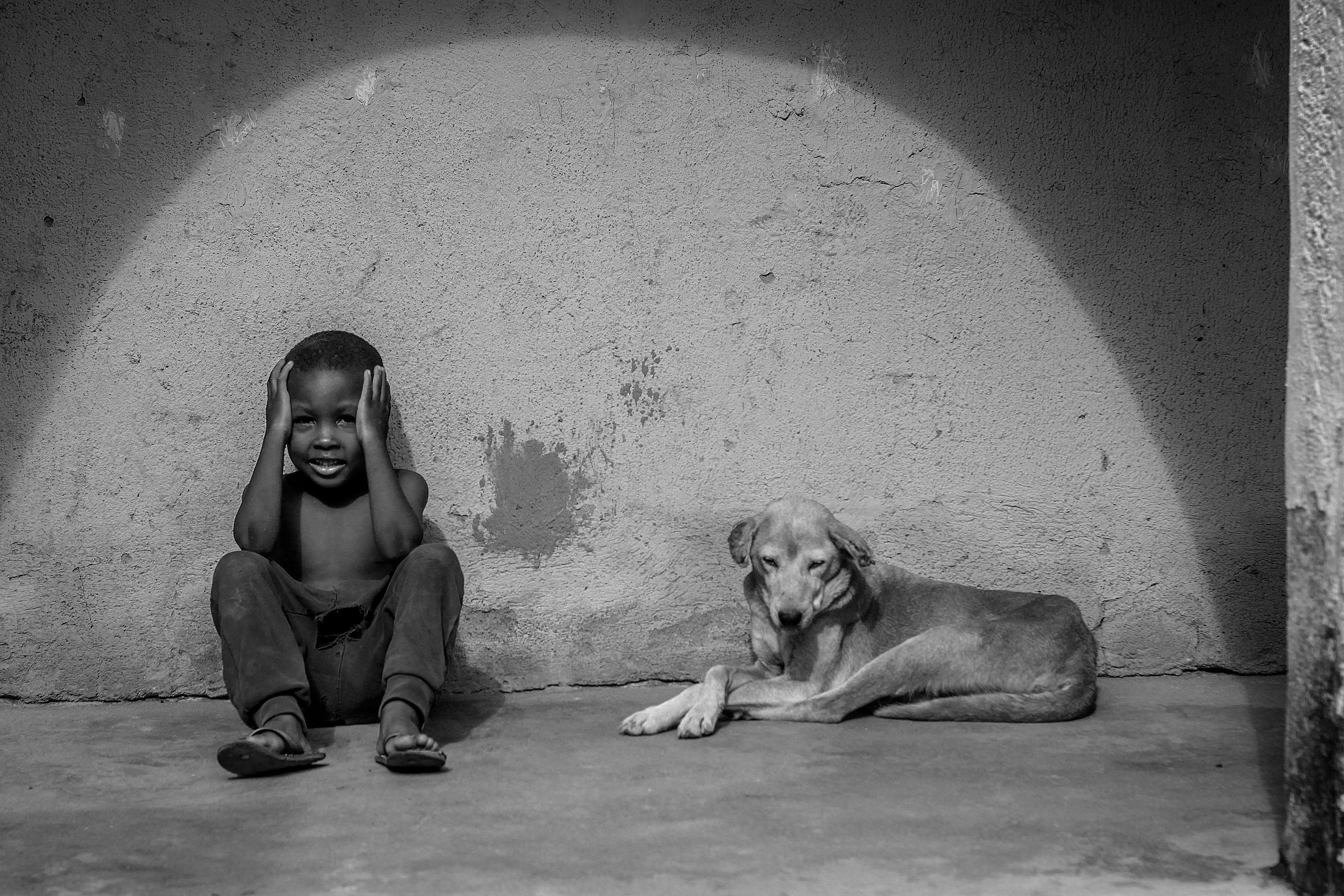 a little boy and a dog sitting by the wall