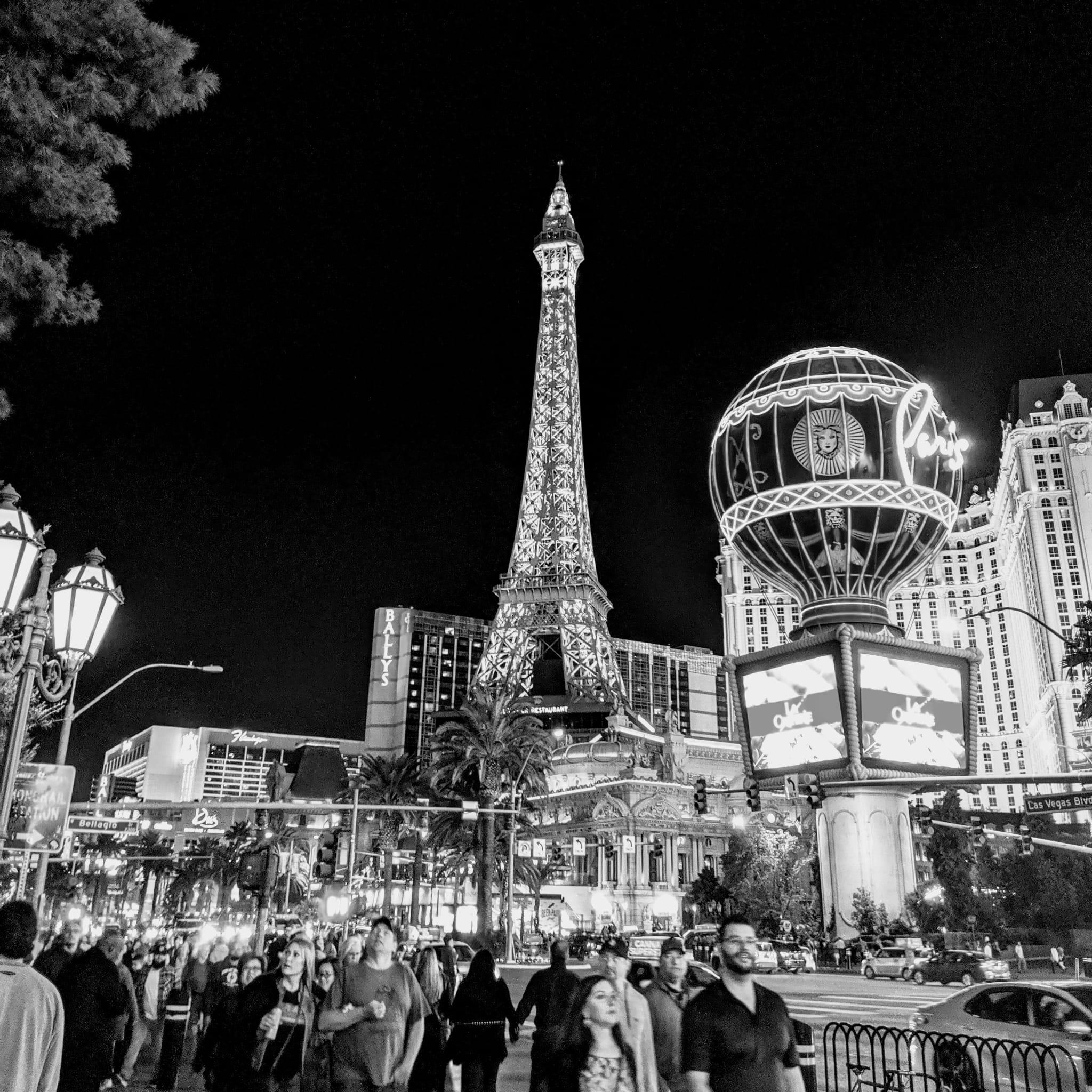 illuminated funfair in las vegas in black and white