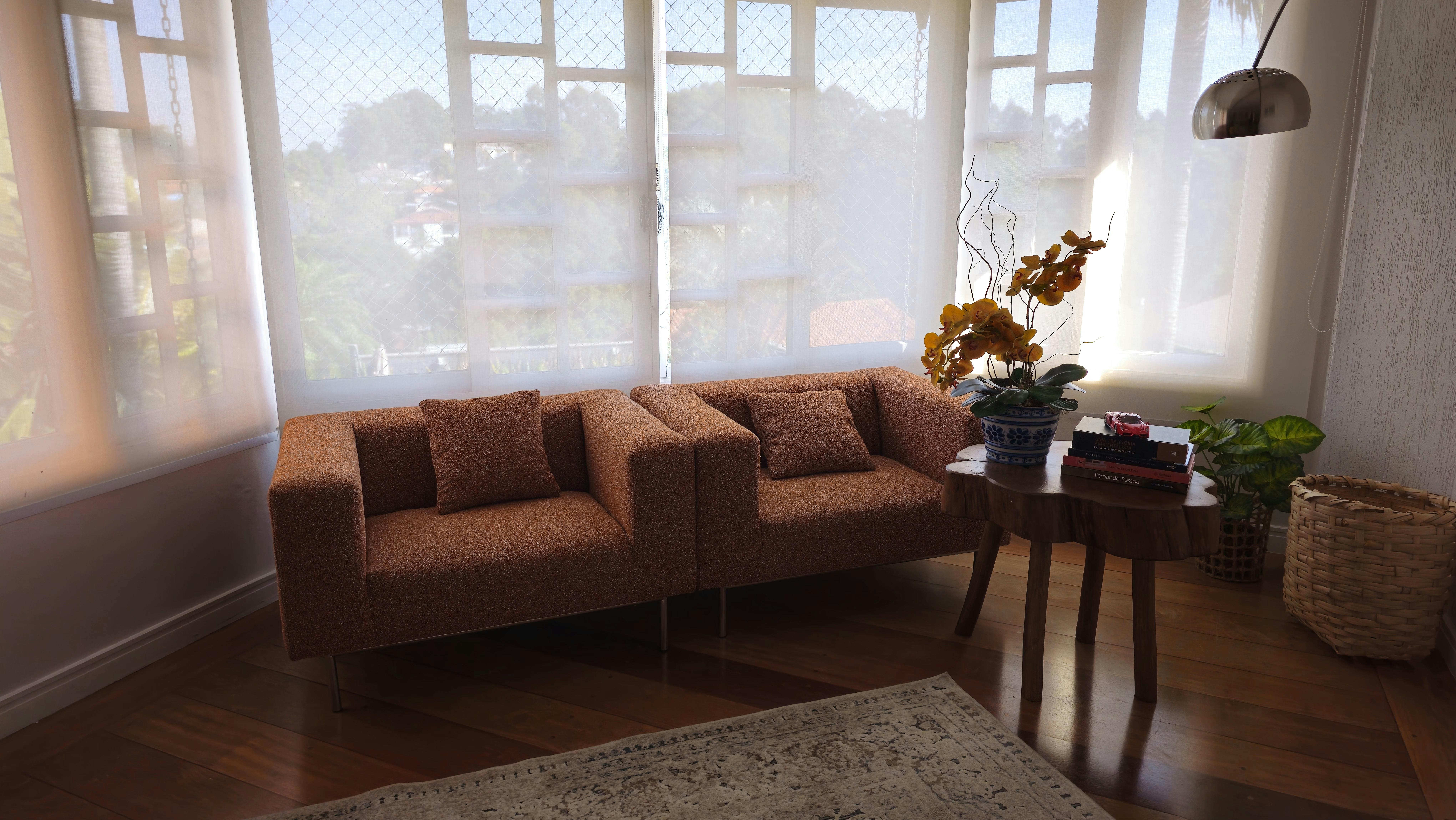 a living room with a couch and a table