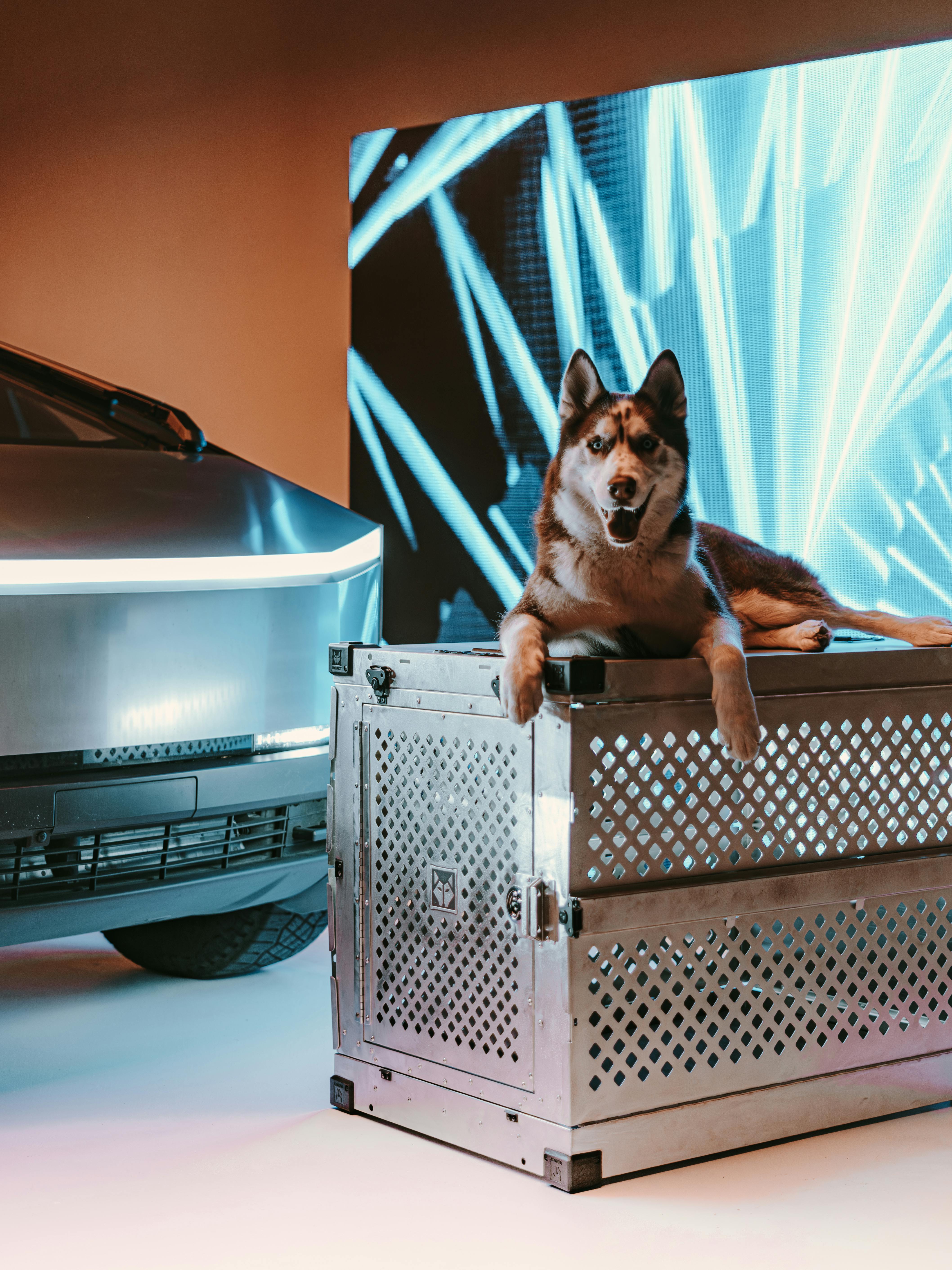 futuristic cybertruck and dog photography