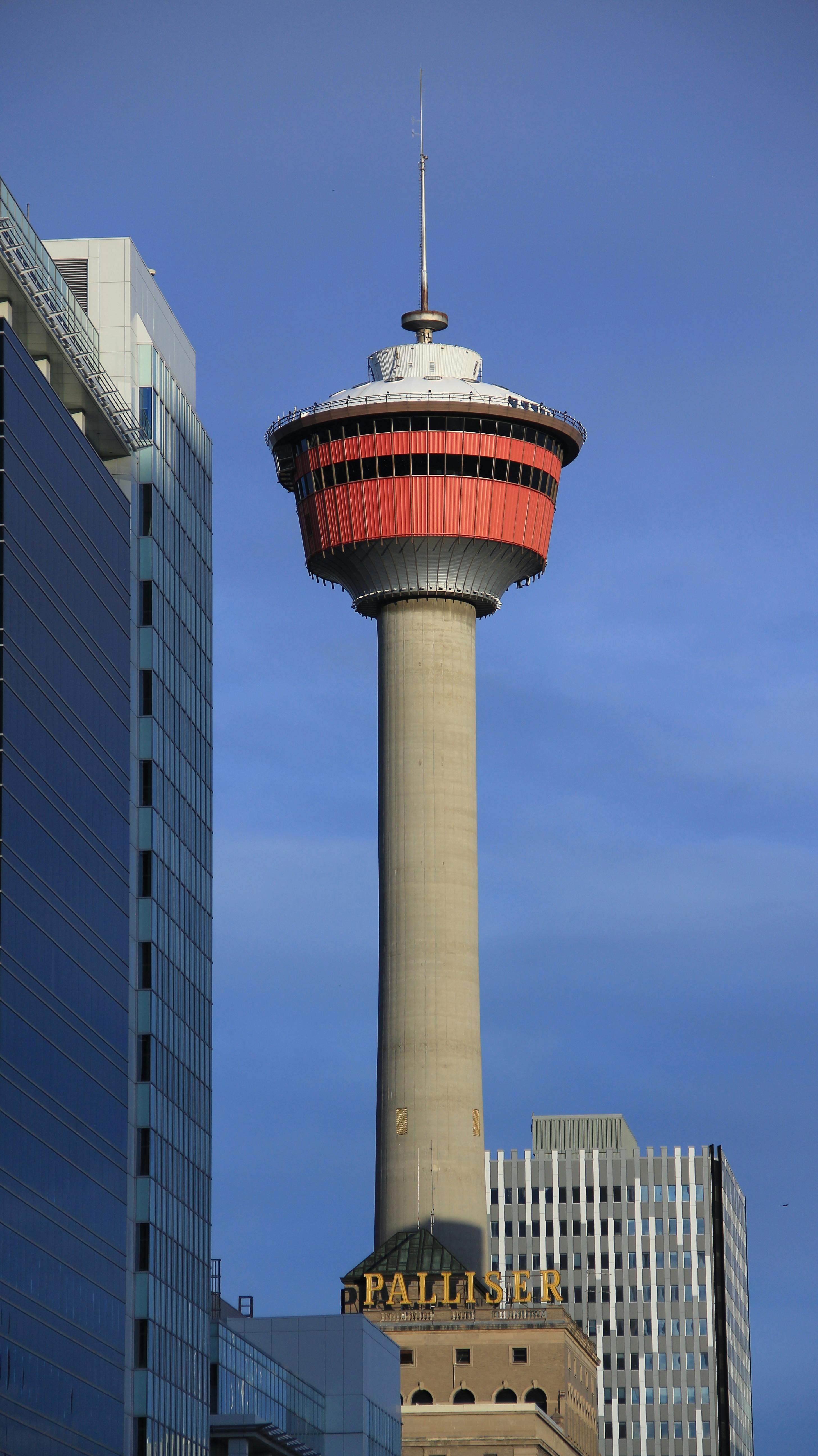 calgary tower against blue sky in alberta