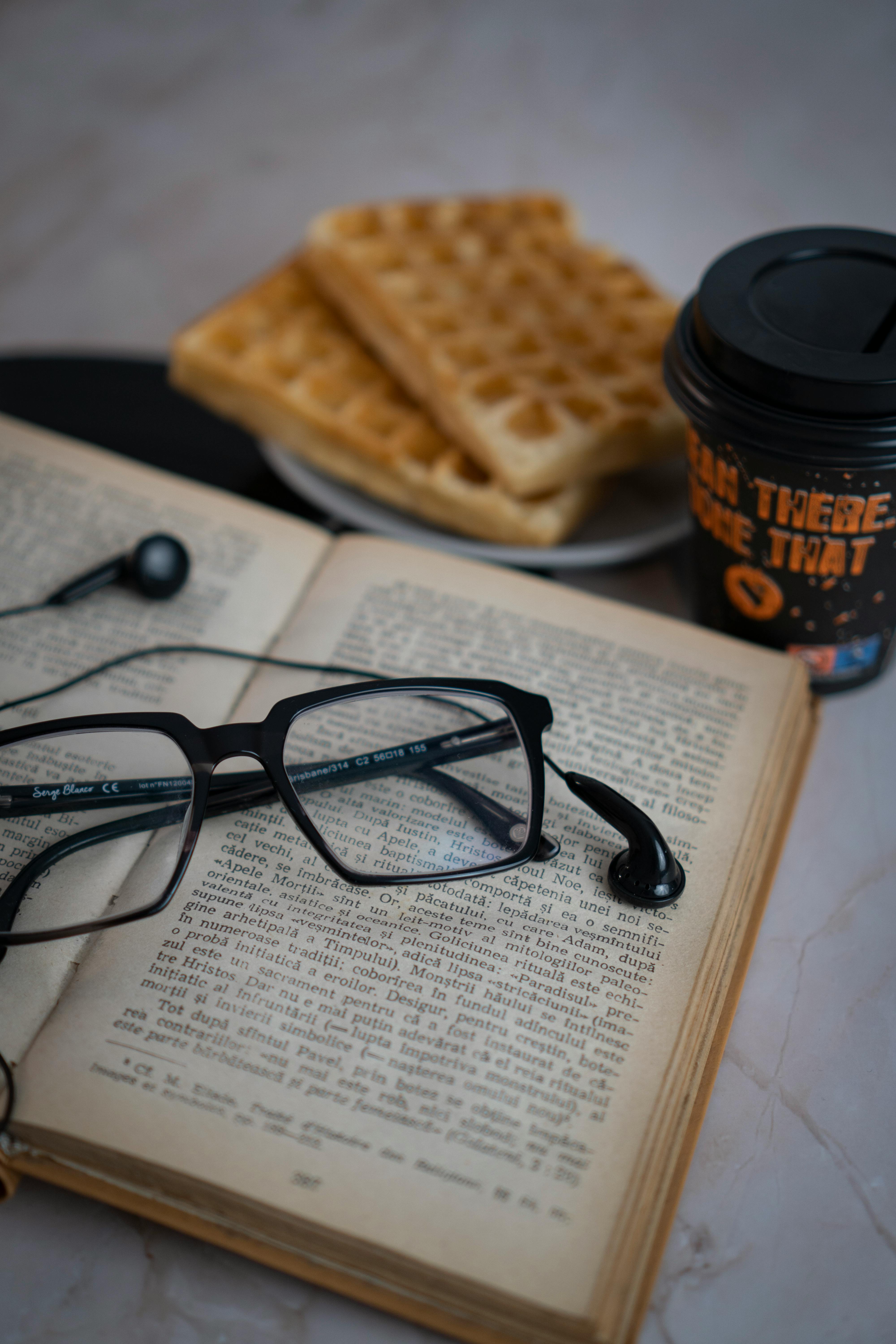 cozy reading with coffee and waffles