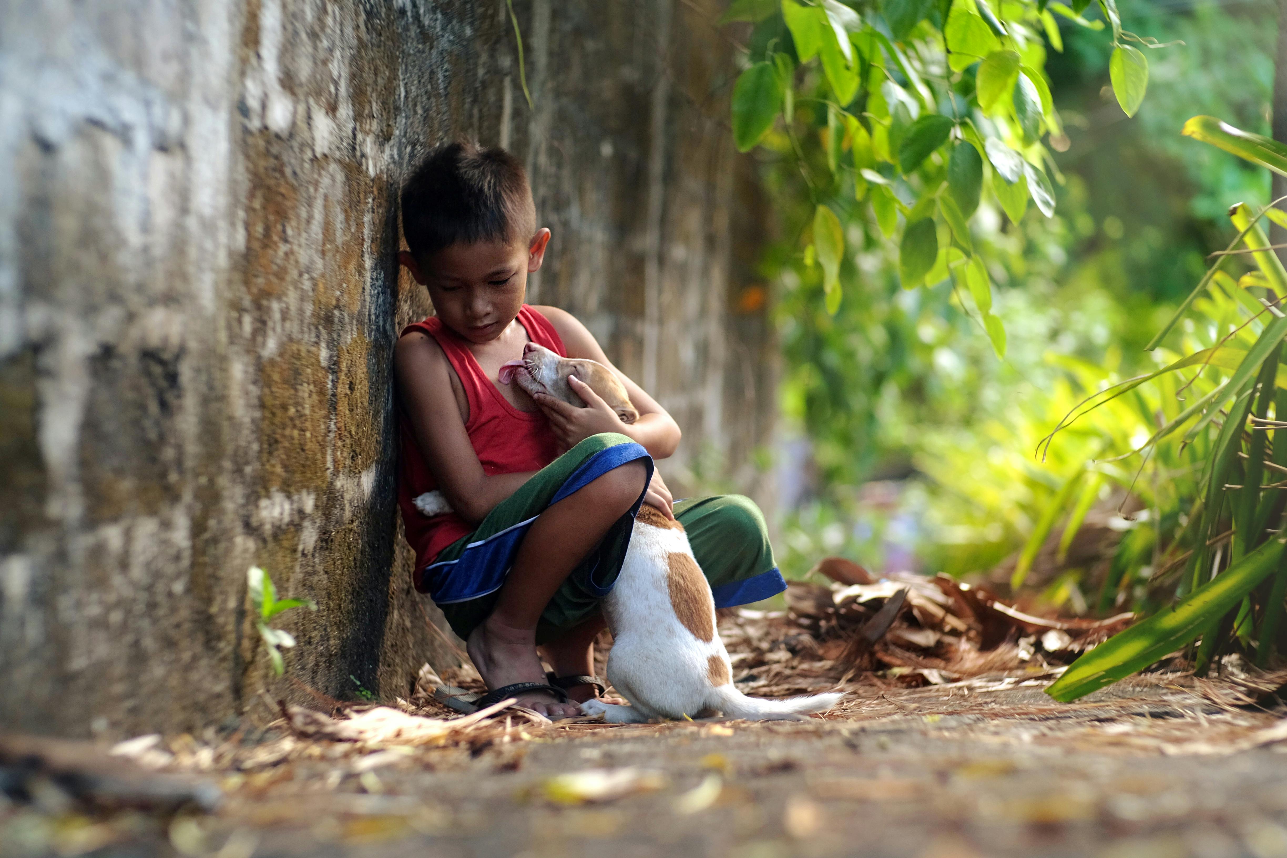 boy sitting and hugging a dog