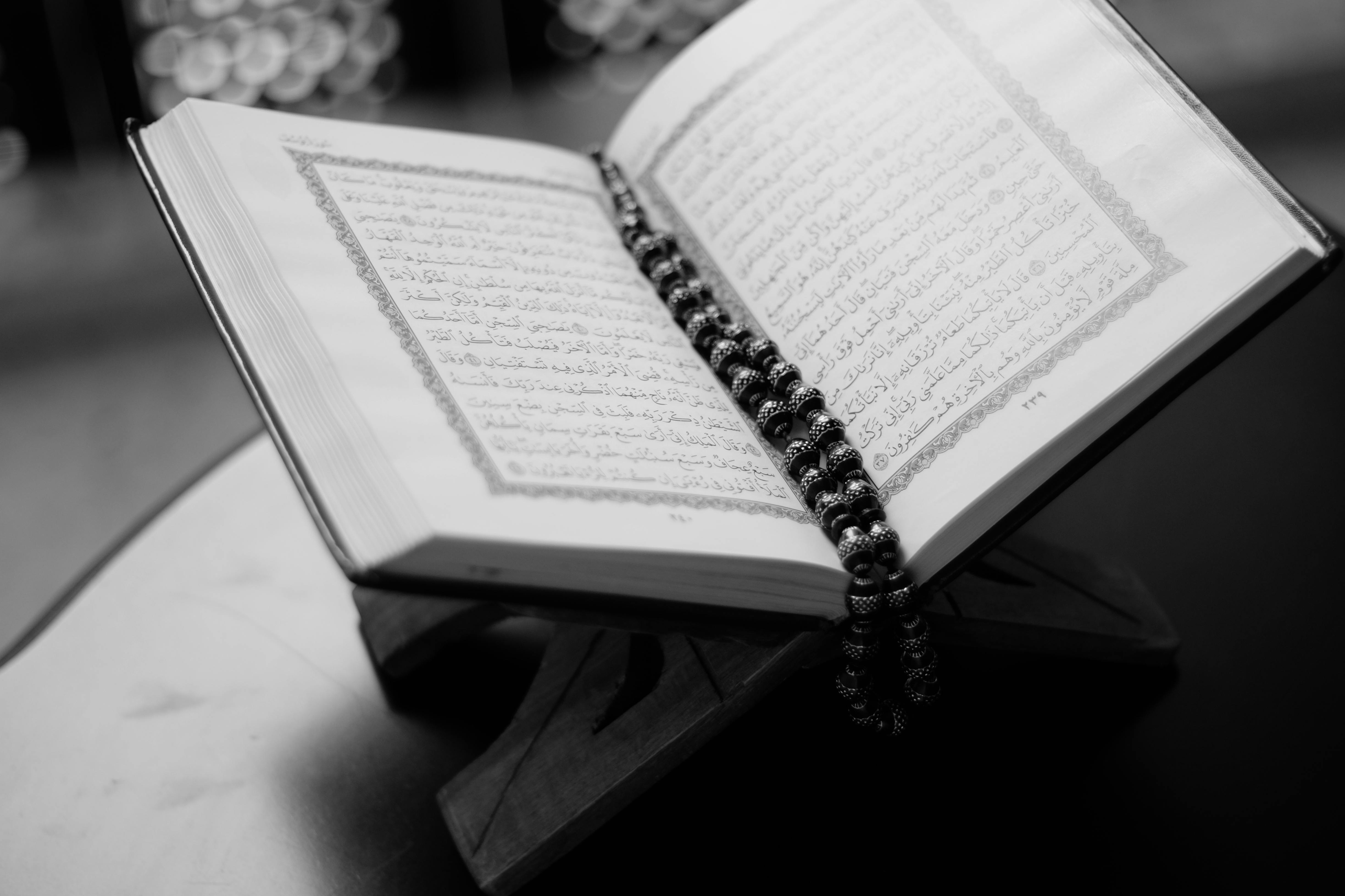 monochrome photo of opened quran