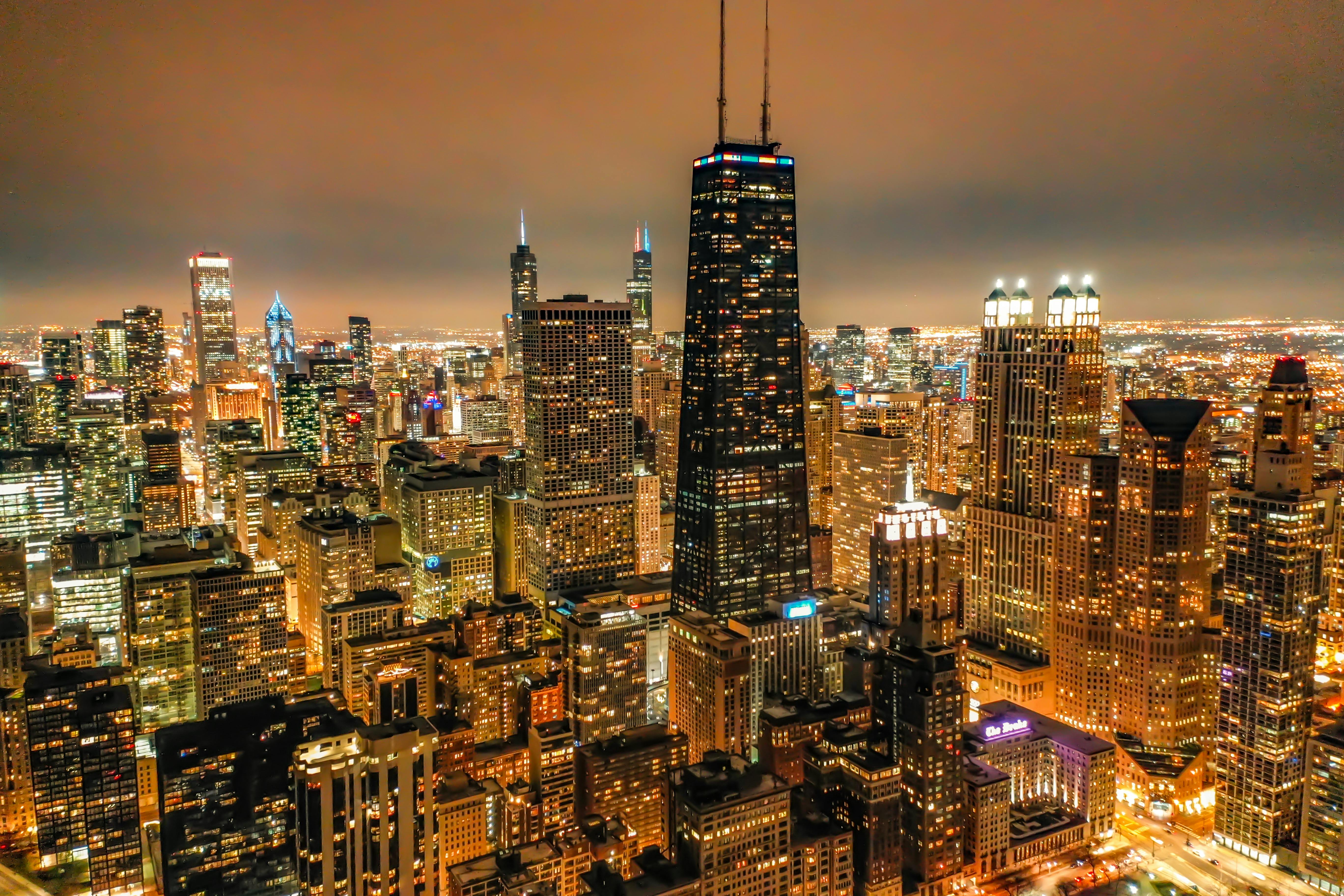 city skyline during night time