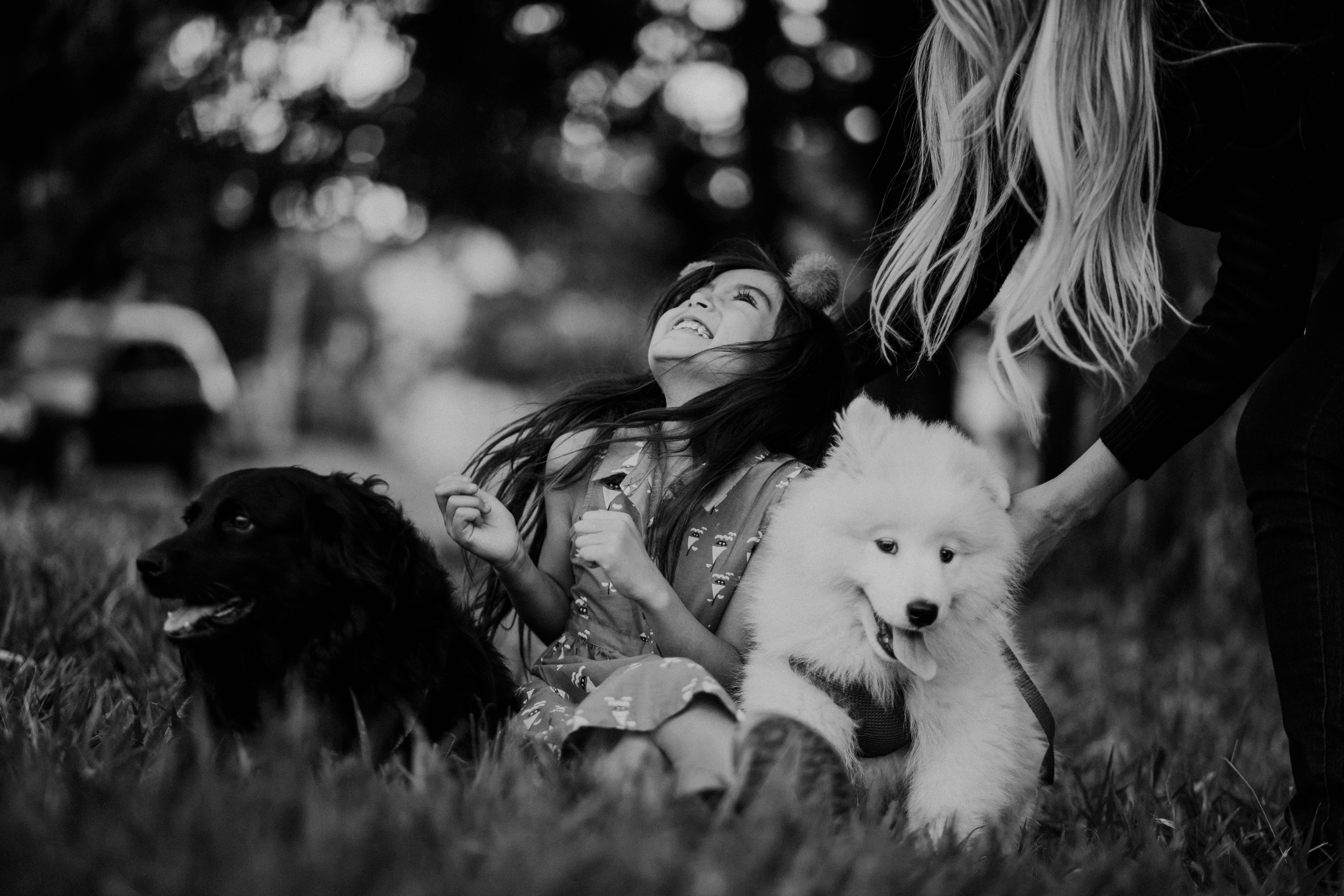 cheerful girl and woman with dogs