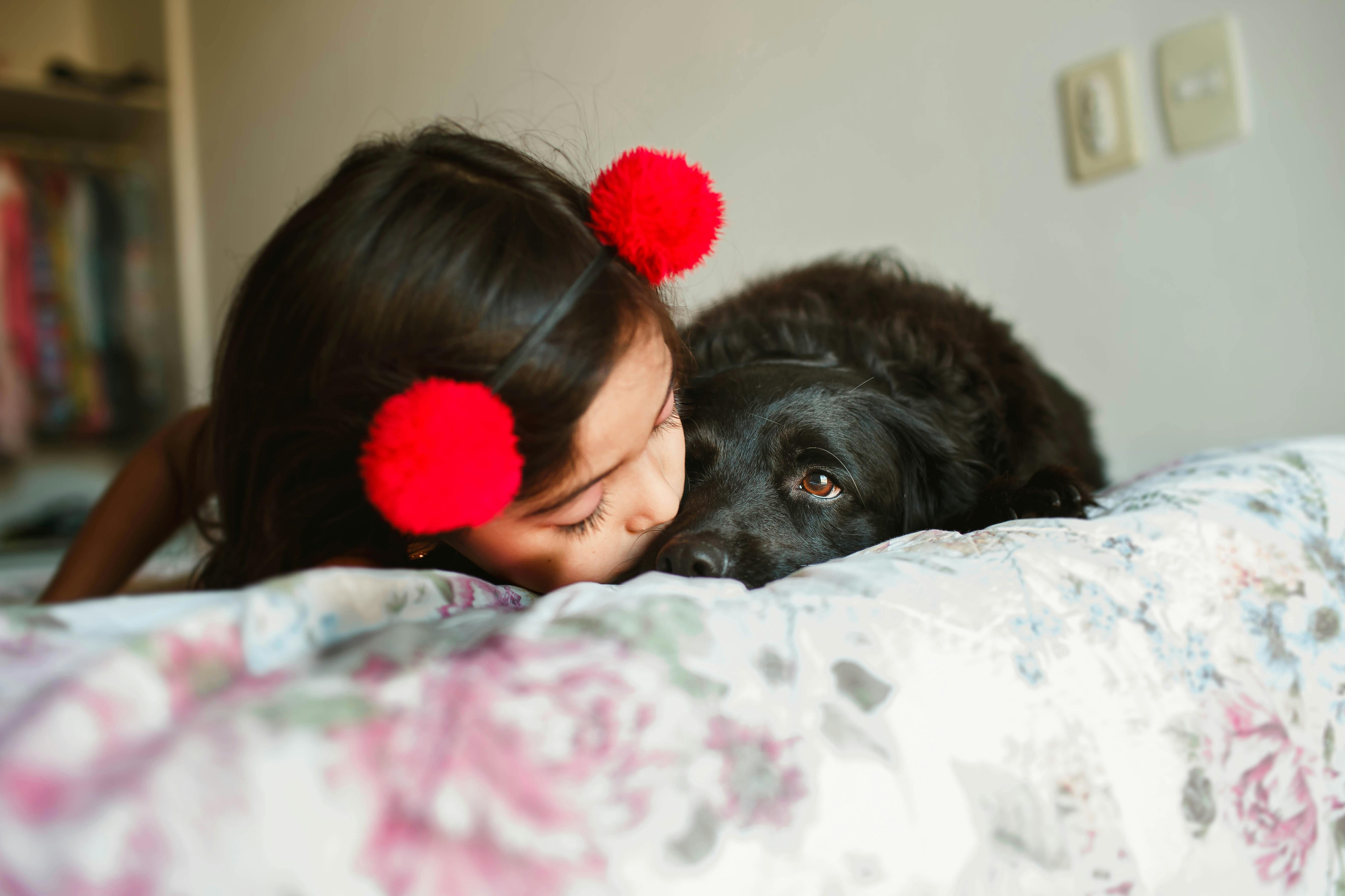 content girl kissing black spaniel muzzle