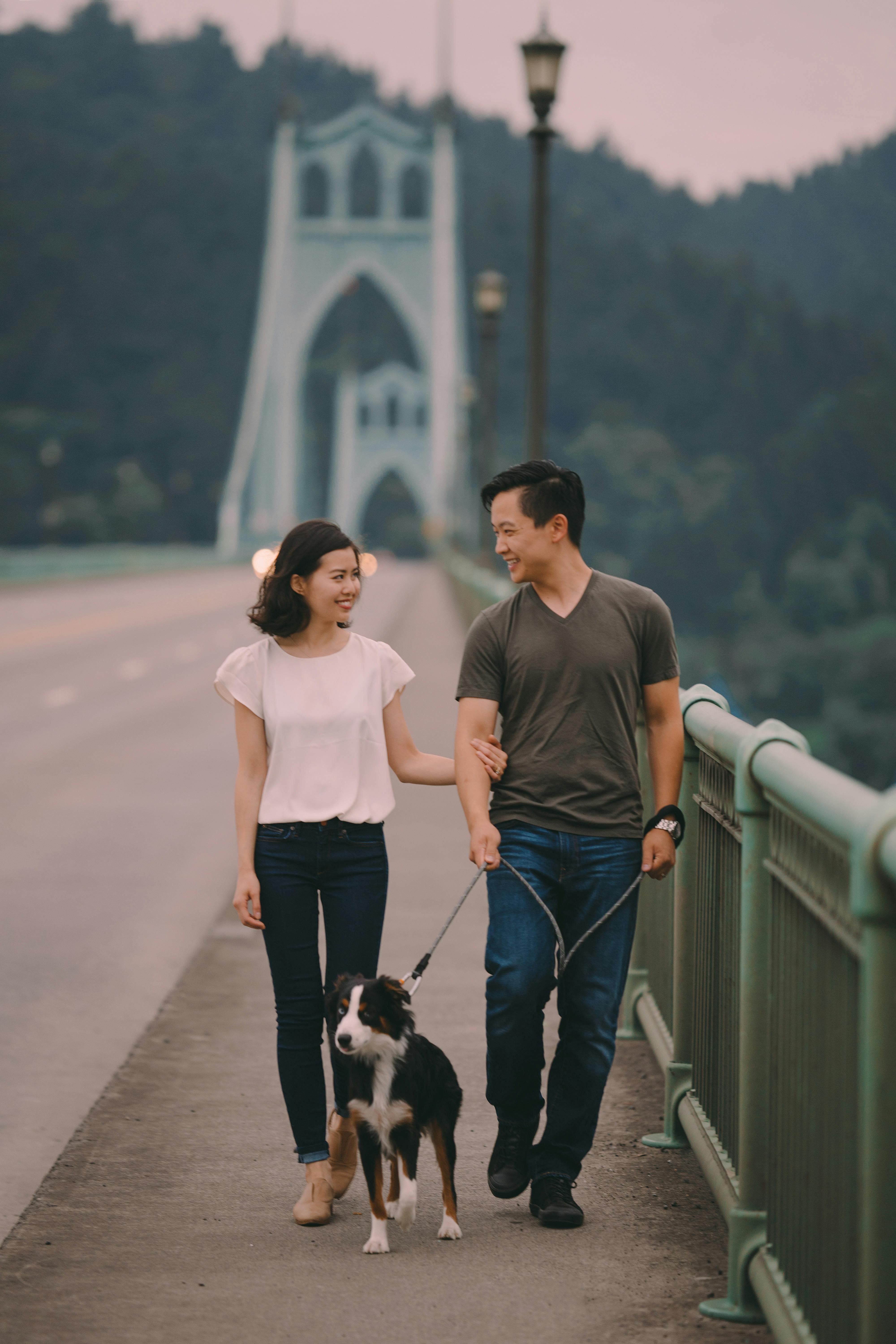 cheerful young ethnic couple with dog strolling on bridge near green mountains