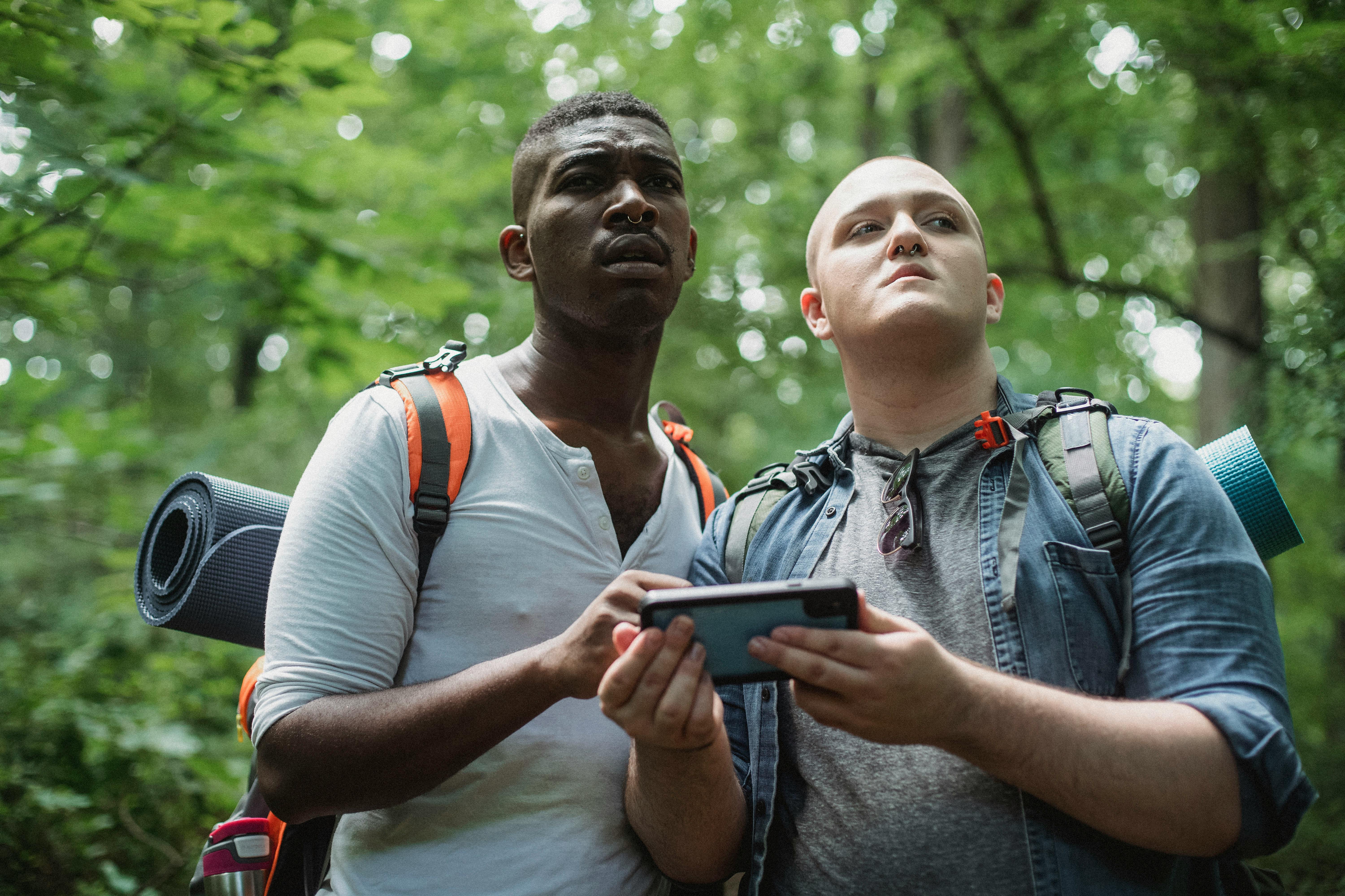 focused multiracial traveling males checking route in cellphone