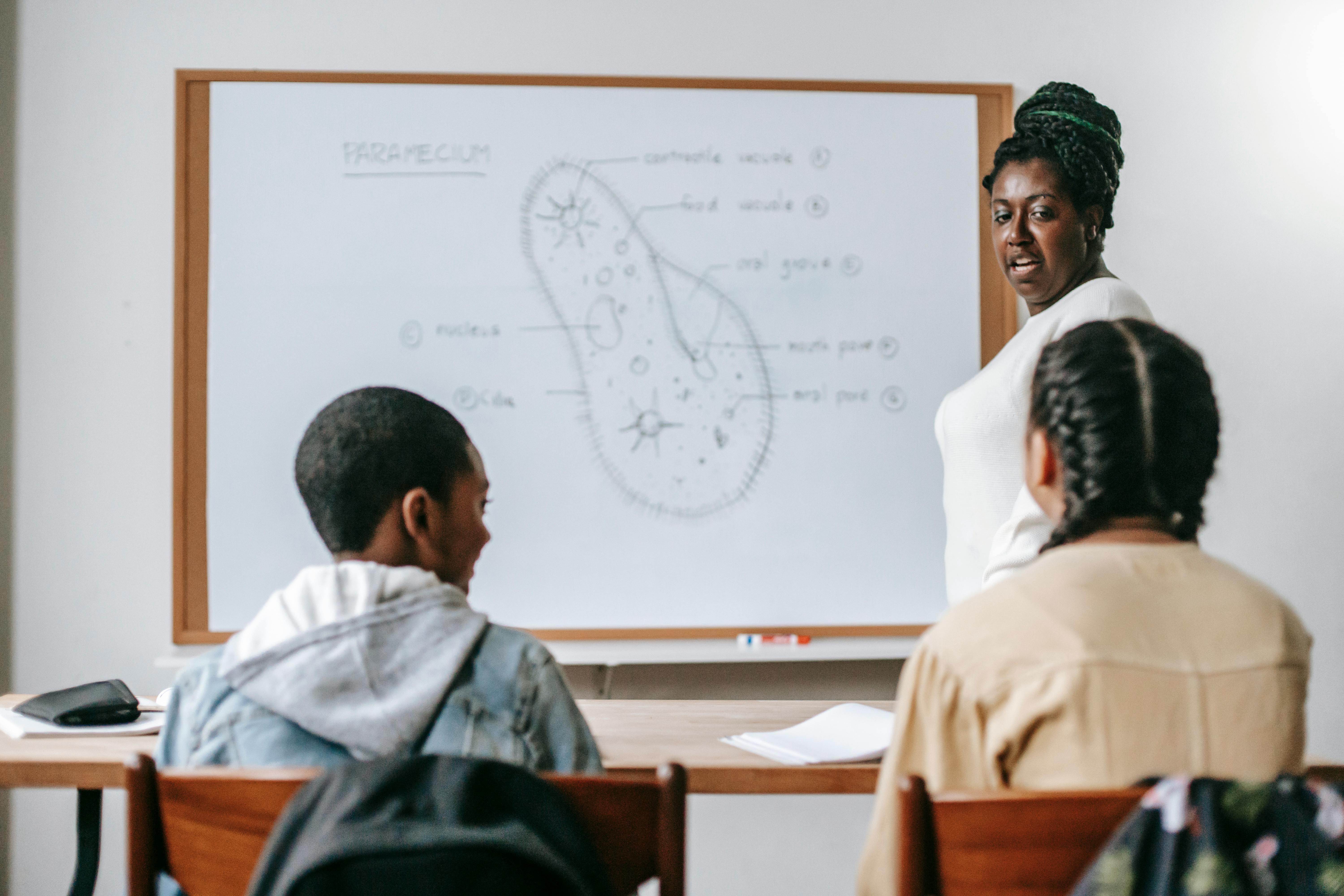 biology teacher during lesson with kids