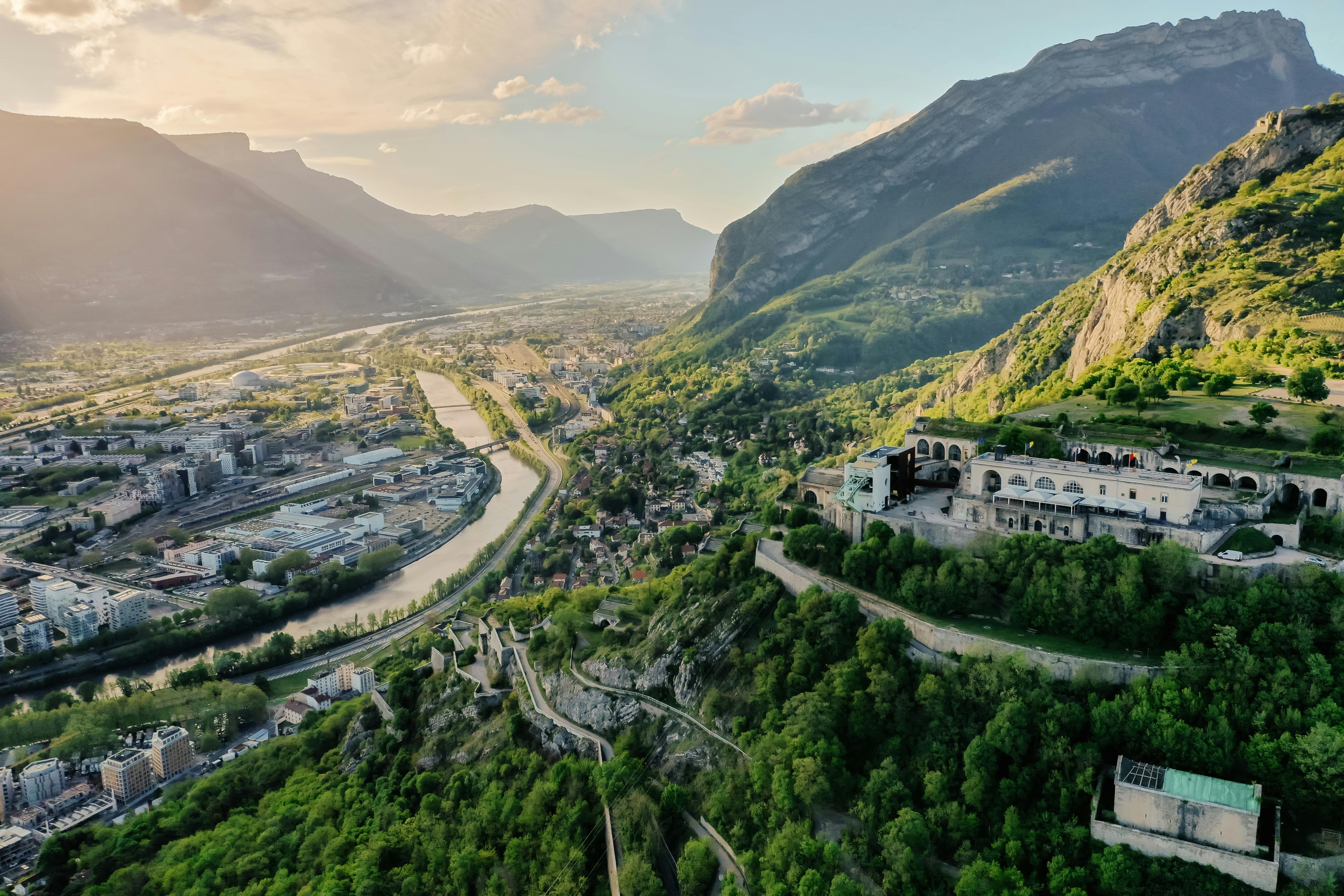 aerial view of a mountains valley city