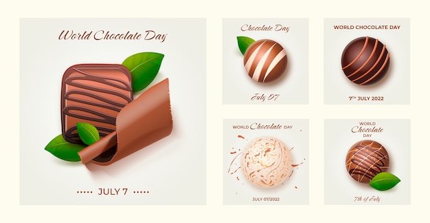 Free vector realistic world chocolate day instagram posts collection with sweets