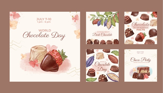 Free vector watercolor world chocolate day instagram posts collection with sweets