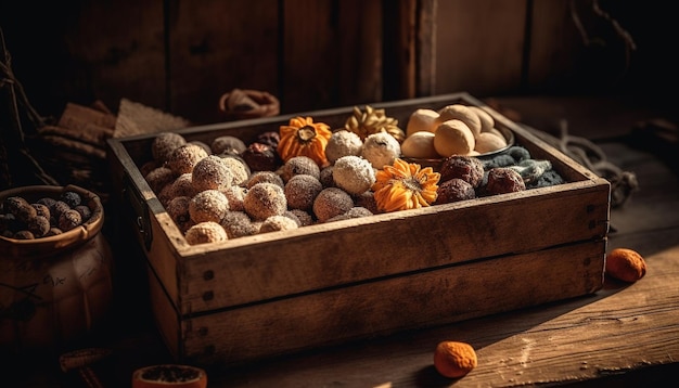 Free photo a wooden crate of food with a wooden box with a bunch of dried fruit in it.