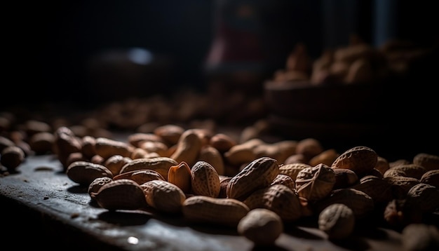 Free photo healthy nuts and fruits in rustic bowl generated by ai