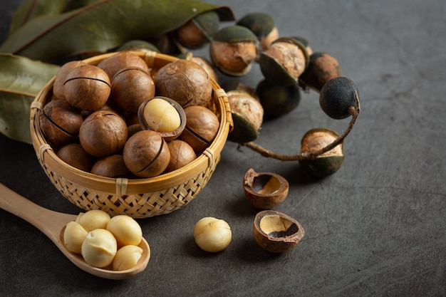 Free photo heap of macadamia raw seed