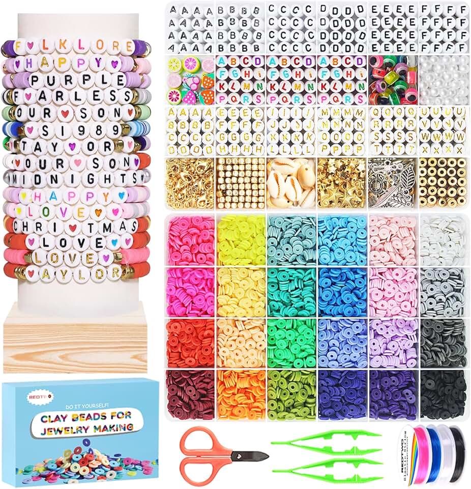 Redtwo Friendship Bracelet Making Kit for Girls, 7200 Clay Beads Jewelry Making Kits with Letter Beads and Charms, Gifts f...