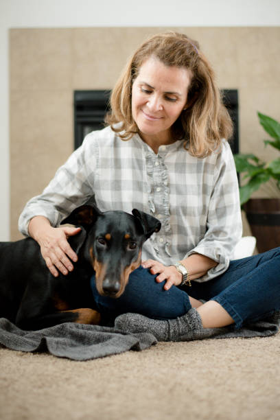 Mature woman with her pet Mature woman with her doberman at home truffe noire ou acheter stock pictures, royalty-free photos & images