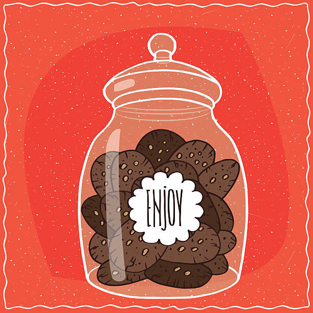 Glass jar with pile of chocolate cookies inside Large transparent glass jar with pile of round chocolate cookies inside. Red background. Handmade cartoon style trüffel im glas kaufen stock illustrations