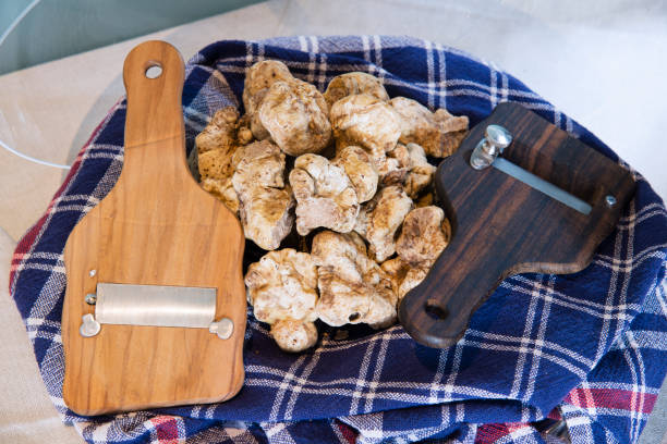 White truffles on cloth with truffle cut in wood White truffles on the typical cloth trunk, with truffle cut in wood, from the Langhe Alba in Piedmont Italy. tuber magnatum pico stock pictures, royalty-free photos & images