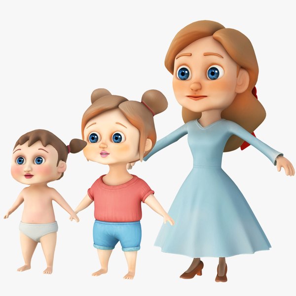 Cartoon Mother Kid and Baby Girls 3D model