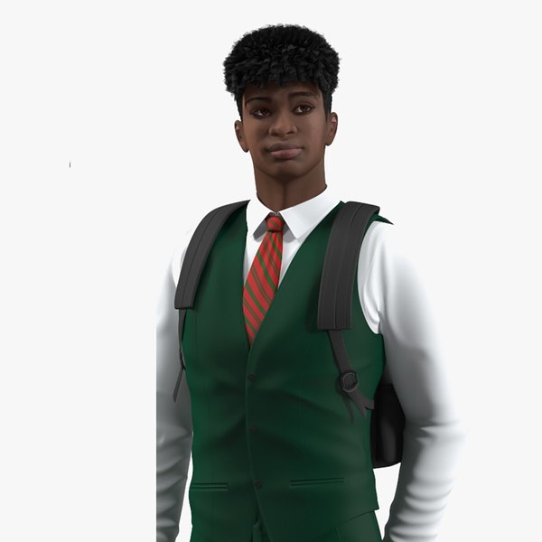 3D Black Teenager Dark Skin School Uniform Rigged for Maya model