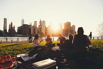 picnic, outdoors, group, people, friends, social, city scape, riverwalk, promenade