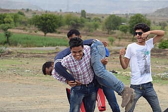 man, outdoors, boy, adult, friends group, play fighting