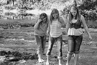 girls, friends, best friends, water, walking, black and white